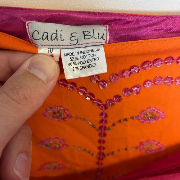 Cadi and Blue Vtg Midi Embroidered beaded Skirt Sz 10 Orange Sequins boho gitsy - Picture 11 of 13